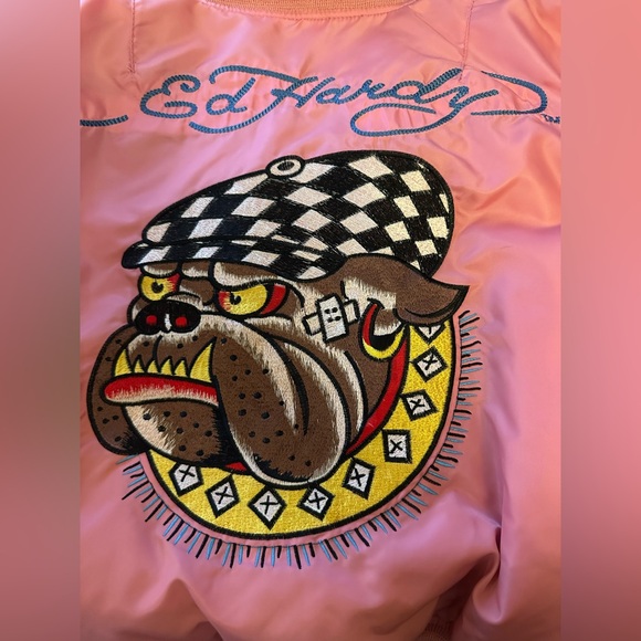 Y2K Ed Hardy Reversible Pink Bulldog Bomber Jacket - Picture 7 of 13